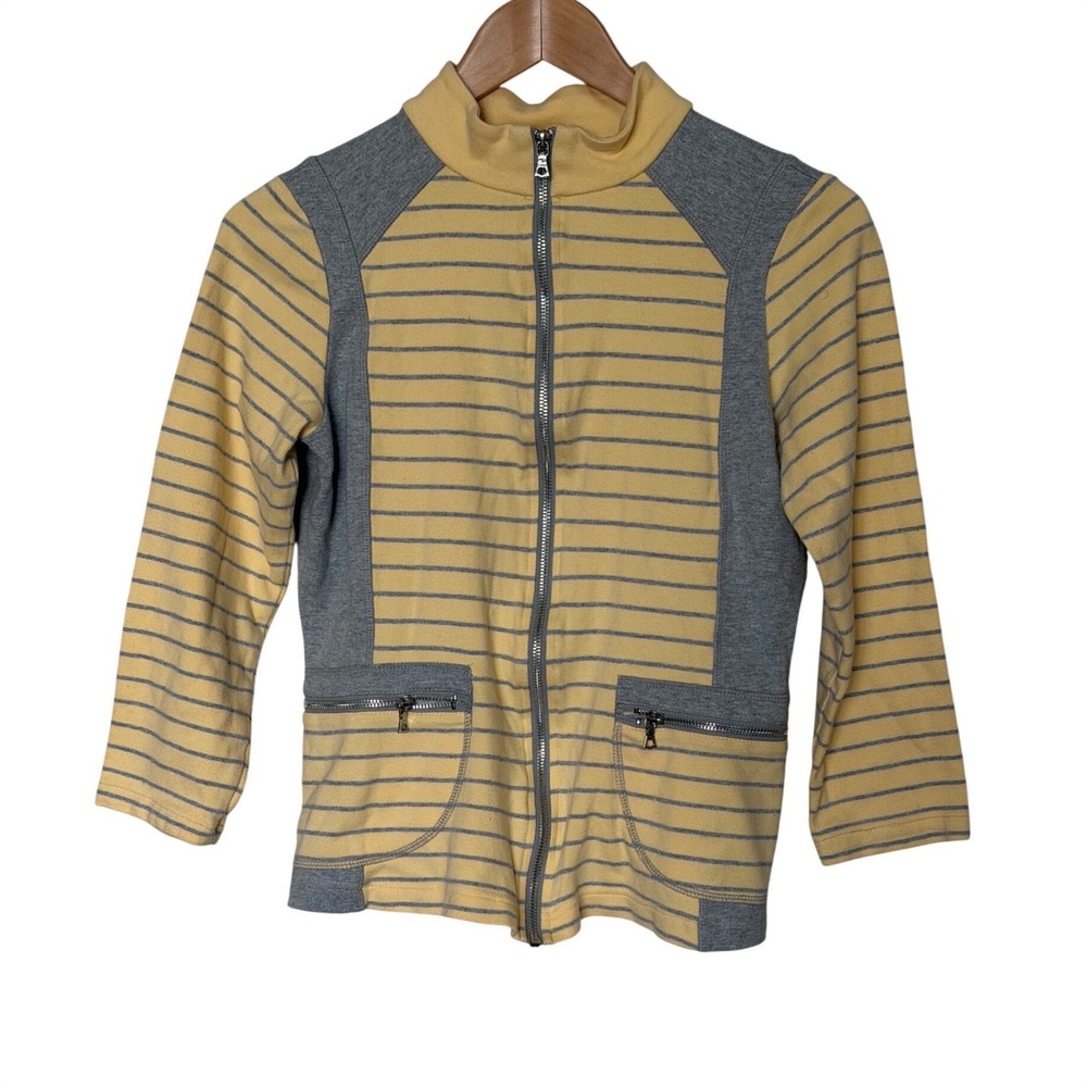 Neiman Marcus‎ Zip Up Jacket Womens Small Yellow Striped 100% Cotton Mock Neck